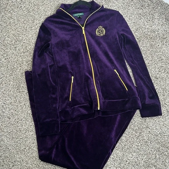 Lauren Ralph Lauren purple velvet 2 piece pants and jacket crest logo size m - Picture 11 of 11